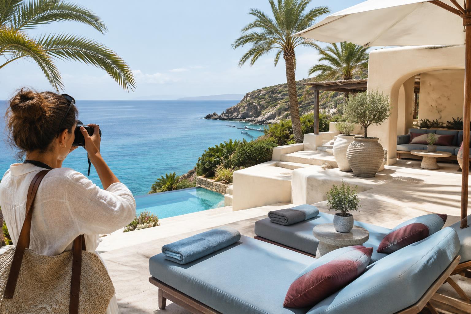 Creator photographing a sunlit seaside resort terrace